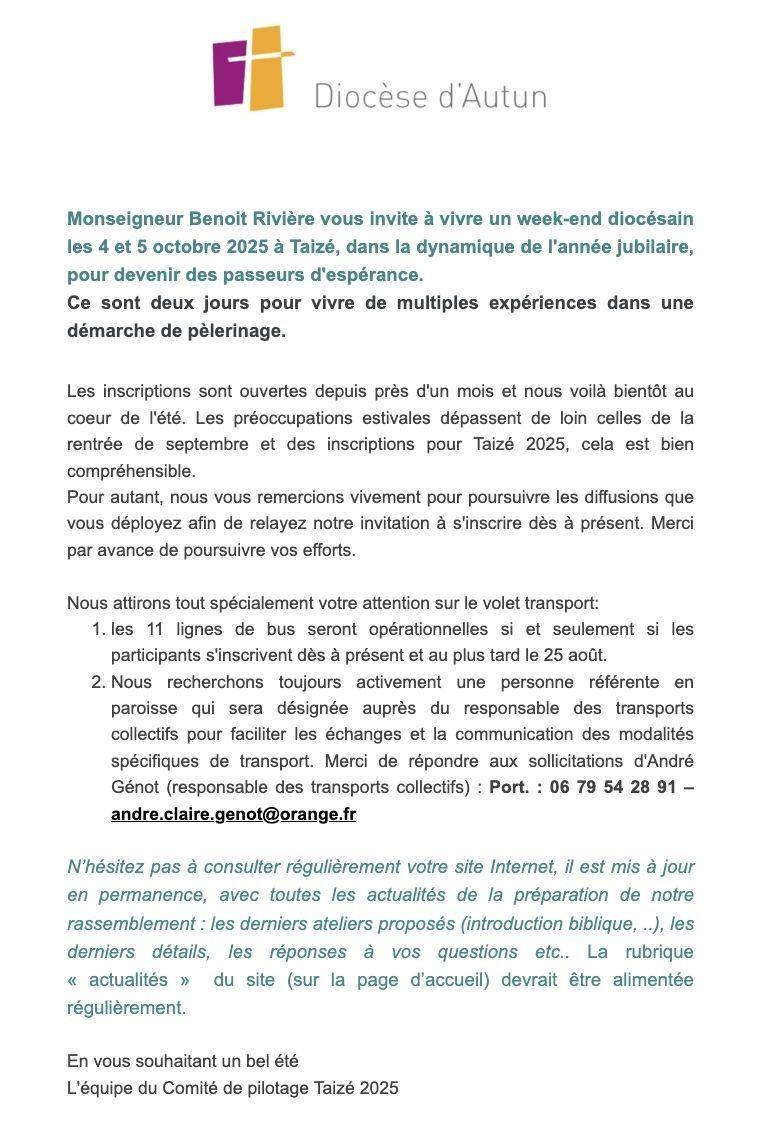 Week-end diocésain les 4 & 5 octobre 2025 à TAIZÉ