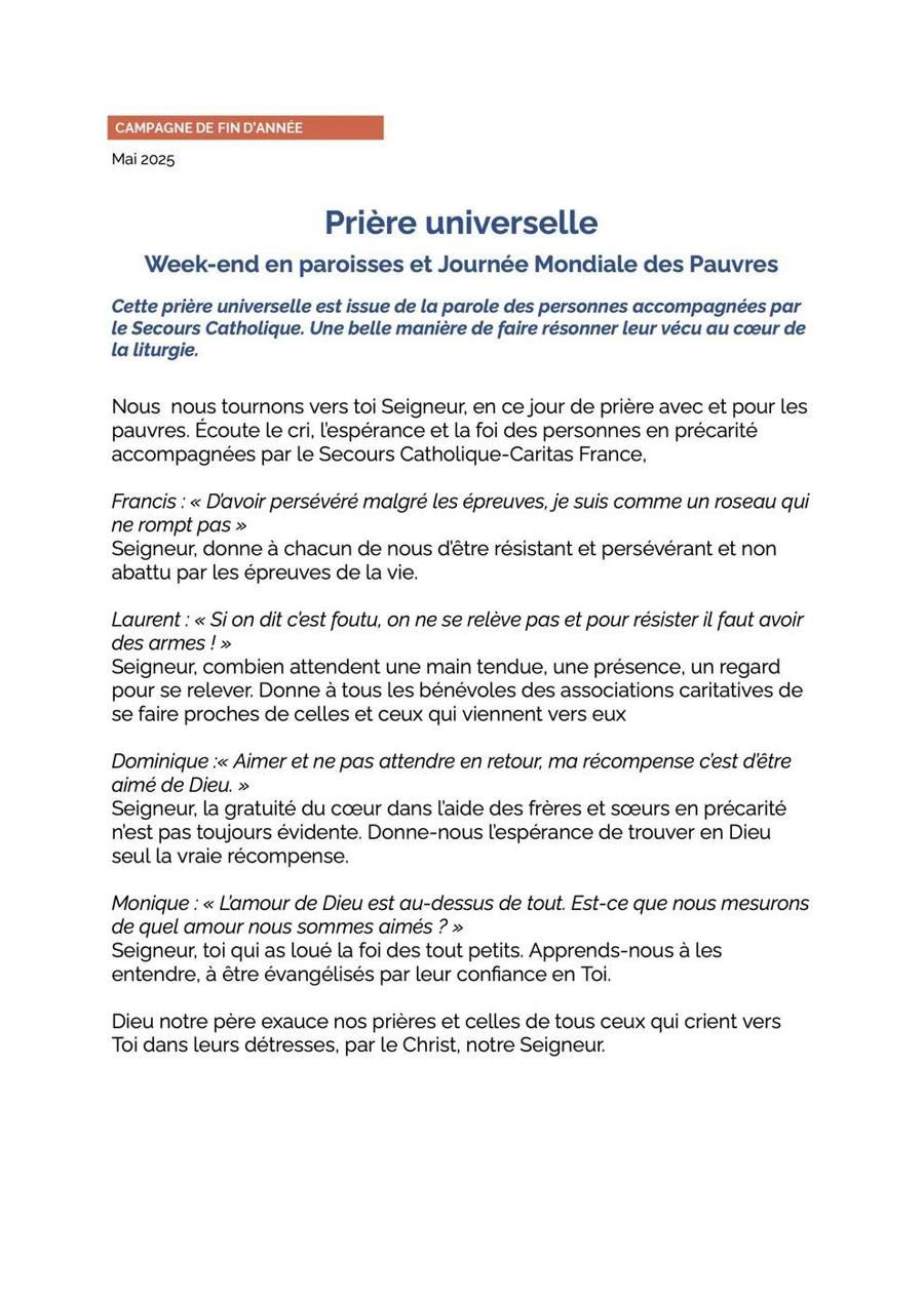 Journée Nationale du Secours Catholique le dimanche 16 novembre 2025 avec vente d’objets à la fin de la messe au profit du Secours Catholique !